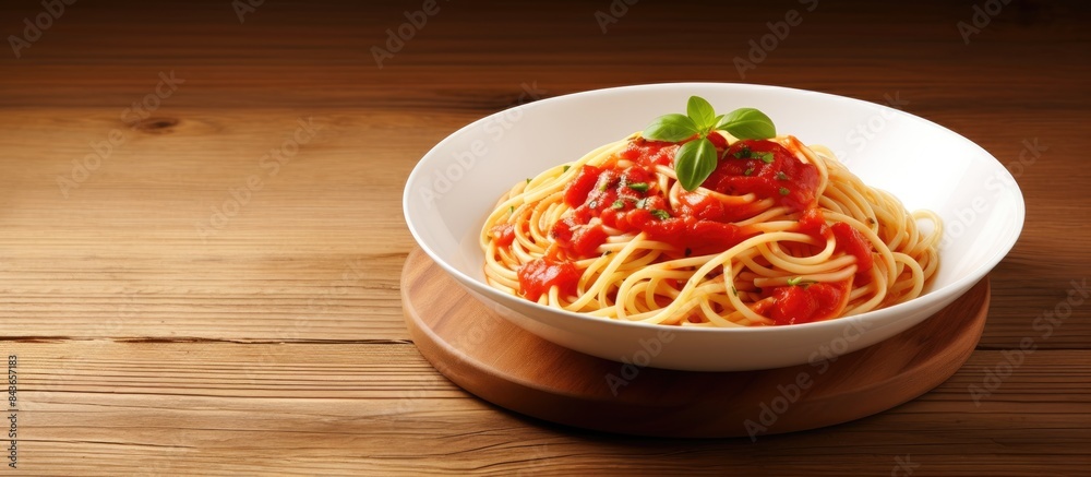 Aufkleber spaghetti with tomato sauce in a white dish on wooden floor background and have copy space in concep