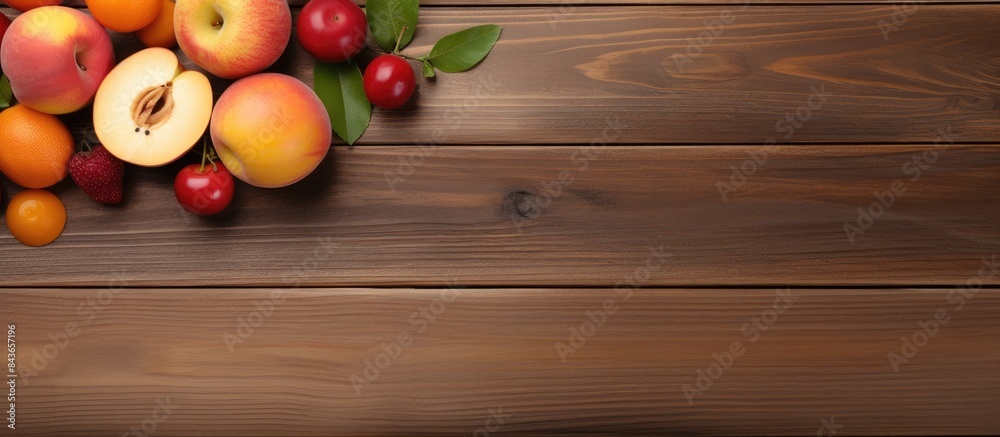 Poster natural peach juice and fresh fruits on wooden table flat lay space for text. copy space available