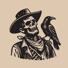 Dead cowboy with a raven on his shoulder.
Vintage vector engraving illustration, print, emblem