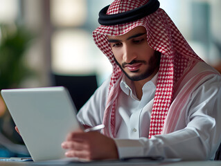 hombre joven de origen &aacute;rabe saud&iacute; trabajando con ordenador