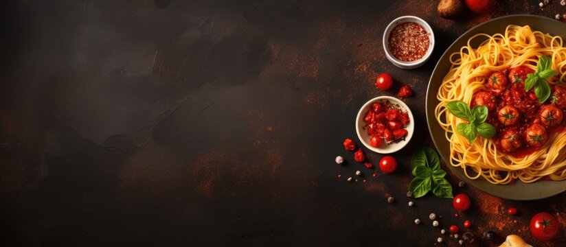 A top view of a delicious Italian menu concept featuring pasta dishes like spaghetti and bucatini The image has a copy space and is set against a food themed background