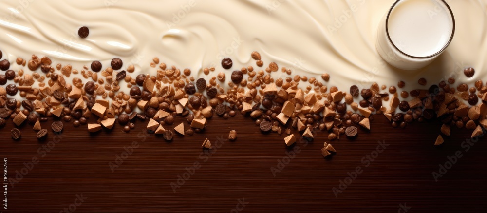Poster pieces of chocolate and a carafe of milk on a brown color background top view place for text. copy s