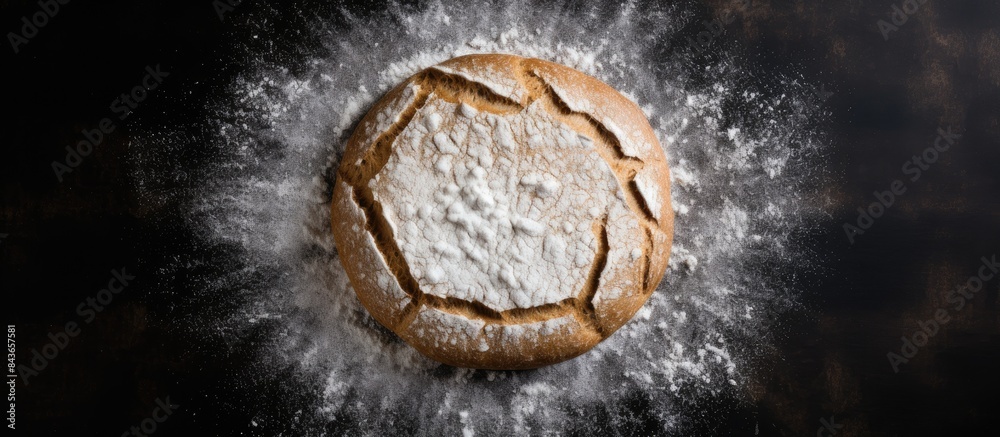 Poster Round rye bread and white flour around isolated on black table background top view empty copy Space for text