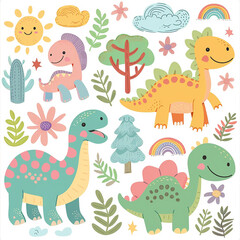 3d render photo of cute kawaii design featuring dinosaurs, clouds, flowers, trees, rainbows and dinosaur made with generative AI