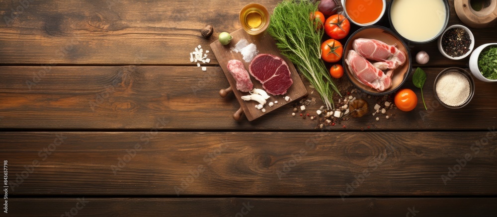 Aufkleber flat lay composition with oil pot meat fondue ingredients and space for text on wooden background. c