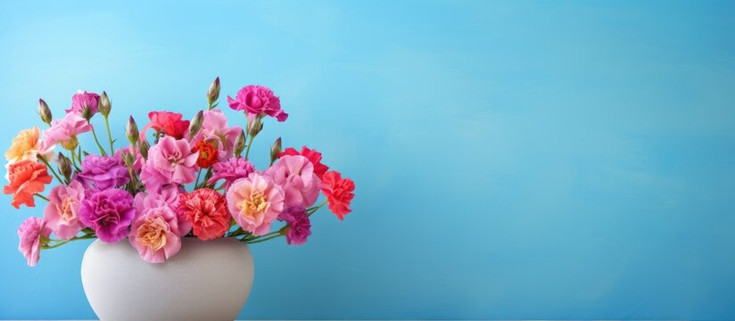 A vase filled with vibrant carnation flowers is placed on a basket conveniently positioned near a colorful wall creating a visually stunning image with ample copy space