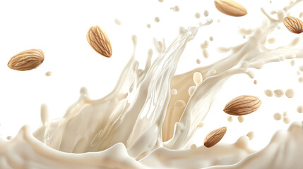 Splash of milk with almond on white background