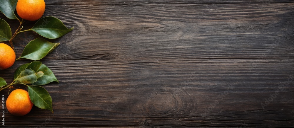 Poster the copy space image features a weathered wooden surface with an orange fruit adorned with leaves