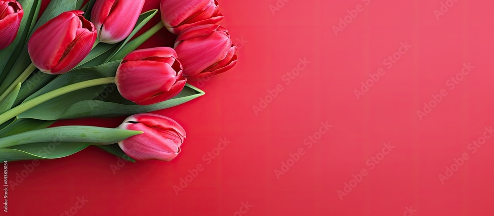 Poster banner with a bouquet of red tulips on red background flat lay with flowers top view with copyspace 