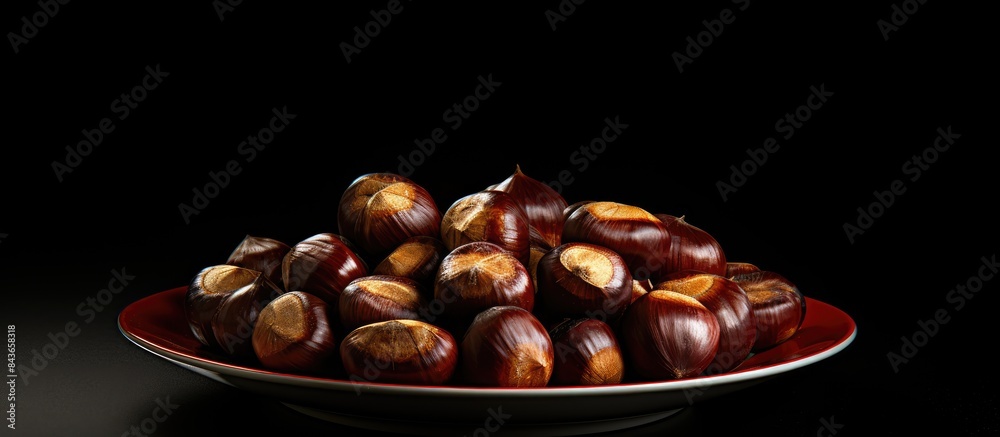 Poster plate with chestnuts on dark background. copy space available
