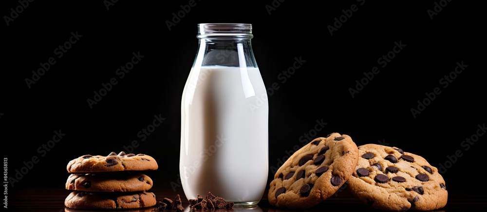 Poster A dark background hosts two bottles of milk and chocolate chip cookies providing a perfect blank area for additional elements in the image
