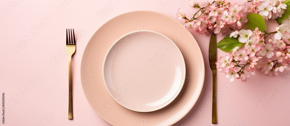 Poster party table setting top view flat lay over pink background menu for restaurant invitation for dinner