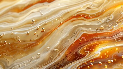 Abstract close-up of swirling orange, white, and amber liquid with bubbles creating a fluid, artistic texture.