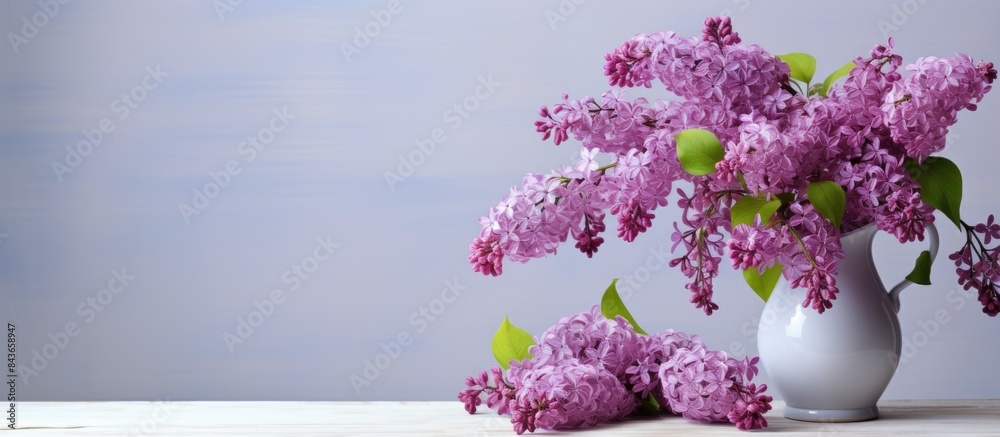 Poster A huge bouquet of lilacs in a large vase isolated on a light gray background Still life with flowers plenty of space for text. copy space available