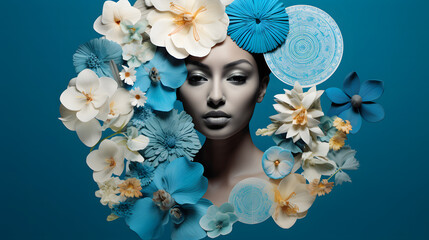 Naklejka premium Artistic Portrait of Woman with Floral Elements and Blue Background