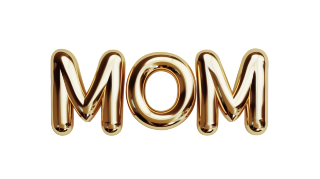 A sleek and modern 3D rendering of the phrase 'Mom' with metallic elements