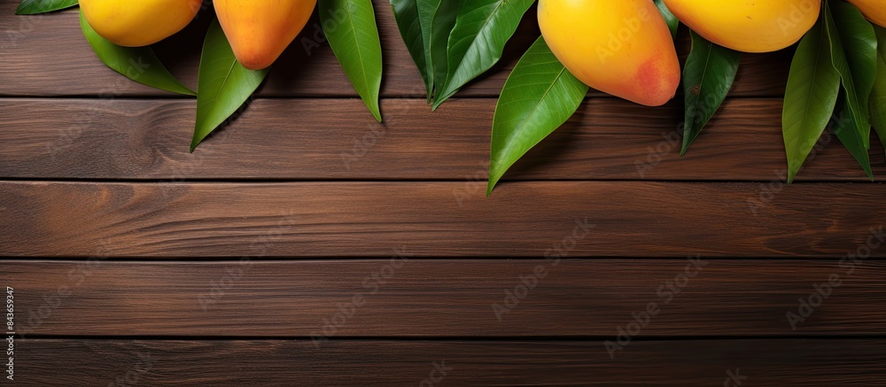 Poster Flat lay composition with mango on wooden background Space for text. copy space available