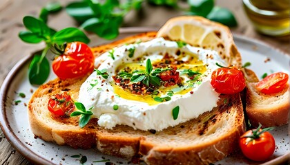 Top view of fresh labneh spread evenly on sourdough toast roasted spiced tomatoes, AI Generated