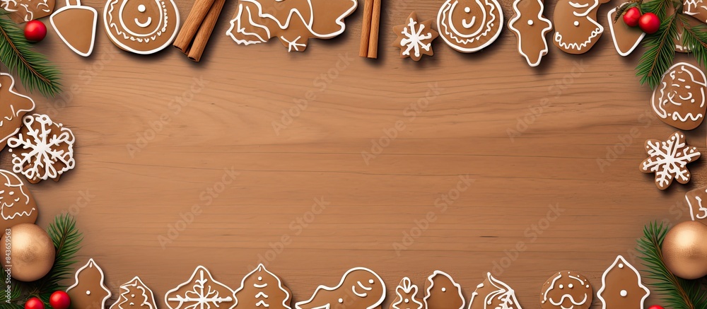 Poster christmas greeting card with homemade gingerbread ho ho text and fir tree top view flat lay with spa
