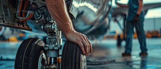Fototapeta premium Precision in Action: Hands Conducting Aircraft Safety Inspections in Aerospace Setting