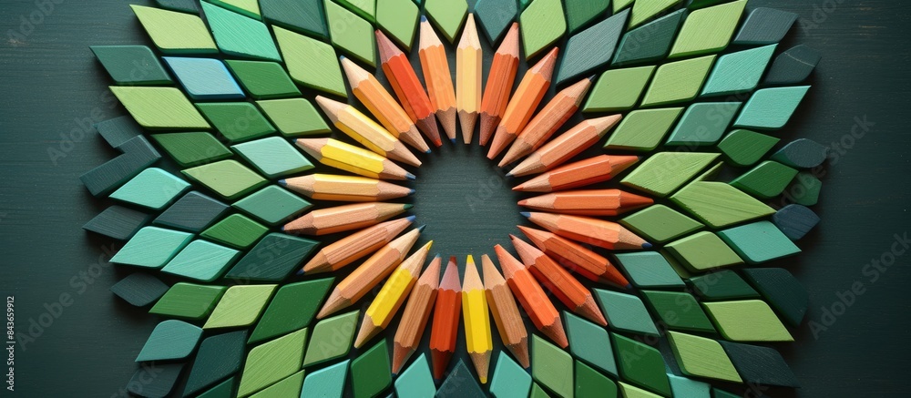 Poster crayons for the board are folded in a circle original large chalk with a pattern green bckground copy space top view