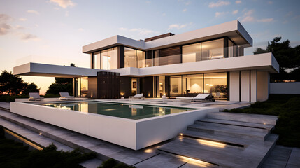 Fototapeta premium Modern Luxury House with Pool and Evening Lighting