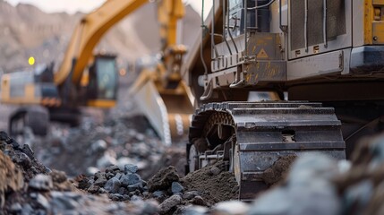 Dynamic Close-up of Heavy Machinery Extracting Minerals in Expansive Mining Operation