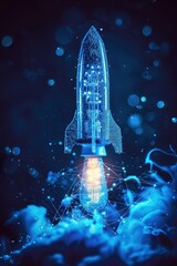 Blue glowing light bulb rocket launch with a wireframe light connection structure