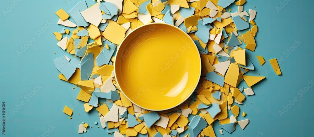 Aufkleber pieces of broken light blue ceramic plate on yellow background top view space for text. copy space a
