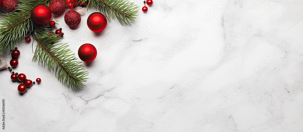 Poster christmas flatlay background with fir tree brunch and red decorations on white stone background long