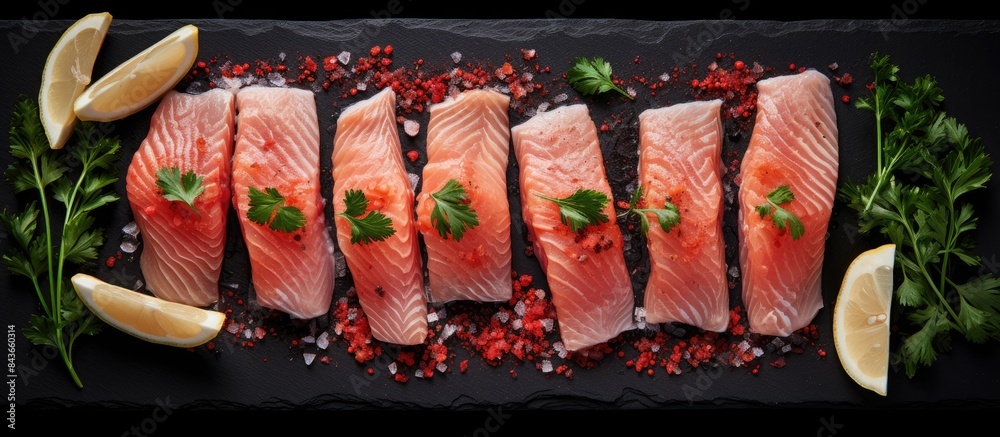Aufkleber Raw salmon steak lemon parsley and garlic in a row on a dark textured background flat lay Top view copy space Red fish and ingredients for cooking