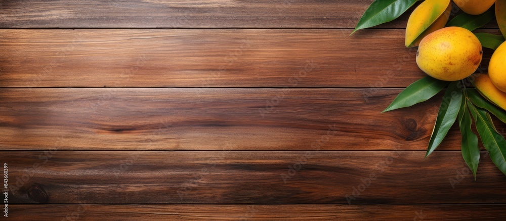 Poster flat lay composition with mango on wooden background space for text. copy space available
