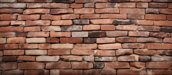 Fototapeta premium Background with stone wall of red bricks in closeup texture and copy space
