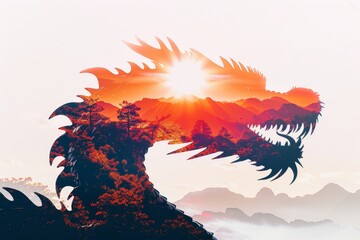 Ancient Dragon Silhouette Double Exposure With Majestic Mountain Landscape