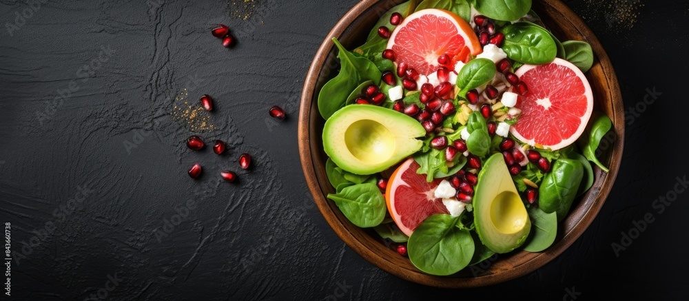 Aufkleber tasty salad with grapefruit spinach feta avocado and pomegranate in wooden bowl healthy food concept