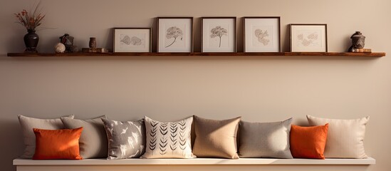 Decorative pillows on shelf on wall background. copy space available