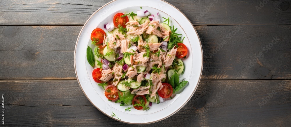 Poster Top view of tuna salad with tomatoes and onion Top view. copy space available