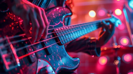 Obraz premium Bassist Playing Electric Bass Guitar On Stage Under Vibrant Colorful Lights During Live Rock Concert