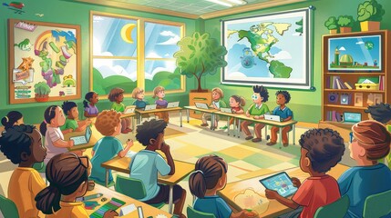 Children learning about sustainability in a classroom, illustration, vibrant colors, engaging, educational,