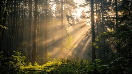 Fototapeta premium Spectacular sun rays shining through woods and tree in the dense forest. Green and lust forest on a beautiful summer day