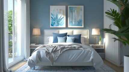 A tranquil bedroom oasis with serene blue walls adorned with minimalist artwork, a plush white bed with crisp linens and blue accent pillows, and a cozy reading nook bathed in natural light