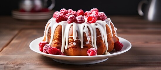 Traditional exotically bundt marble cocoa chocolate cake with icing sugar glaze and freeze dry raspberry topping served as close up on a Nordic design plate with copy space