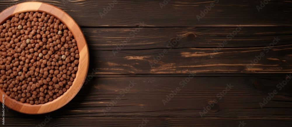 Poster Top view of dog food in bowl with empty wooden background for text input Pet food concept. copy space available
