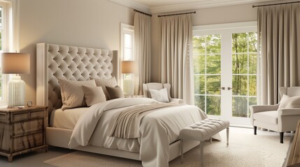 Fototapeta premium A transitional bedroom featuring a tufted headboard, neutral bedding, and a blend of contemporary and classic decor.