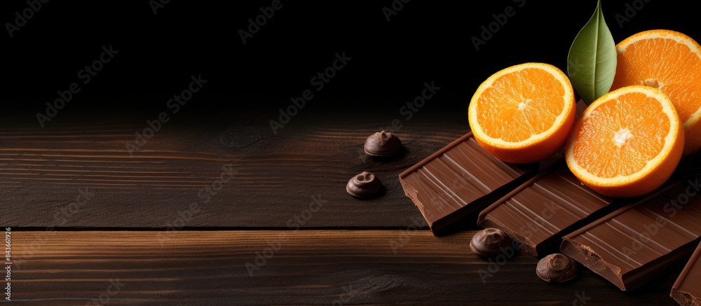 Poster fresh and juicy orange slices along with a whole half of an orange are placed on a dark brown wooden