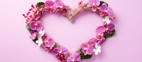 Obraz premium heart shaped rattan wreath decorated with tropical flowers of orchid on pink background Top view Flat lay Holiday card Happy Valentine s day love concept Copy space Banner