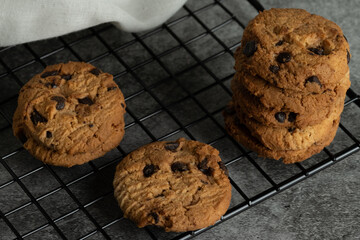 Freshly baked chocolate chip cookies.