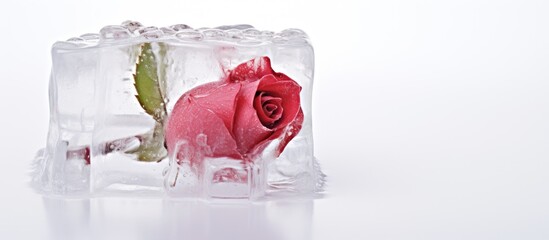 Conceptual composition of a rose bud in an ice cube a rose flower in ice isolated on a white background close up. copy space available