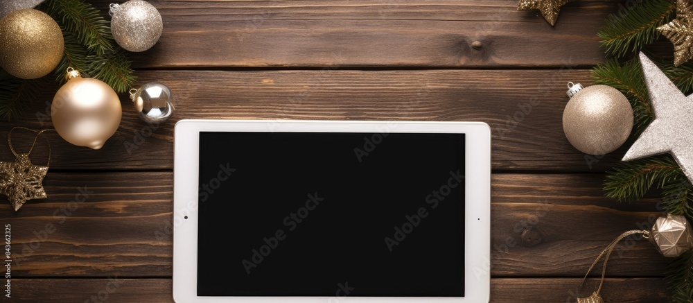 Poster white tablet computer on a wooden table with with christmas toys and stars view top. copy space avai