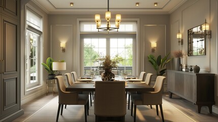 A transitional dining room with a wooden dining table, upholstered chairs, and a mix of classic and modern lighting.